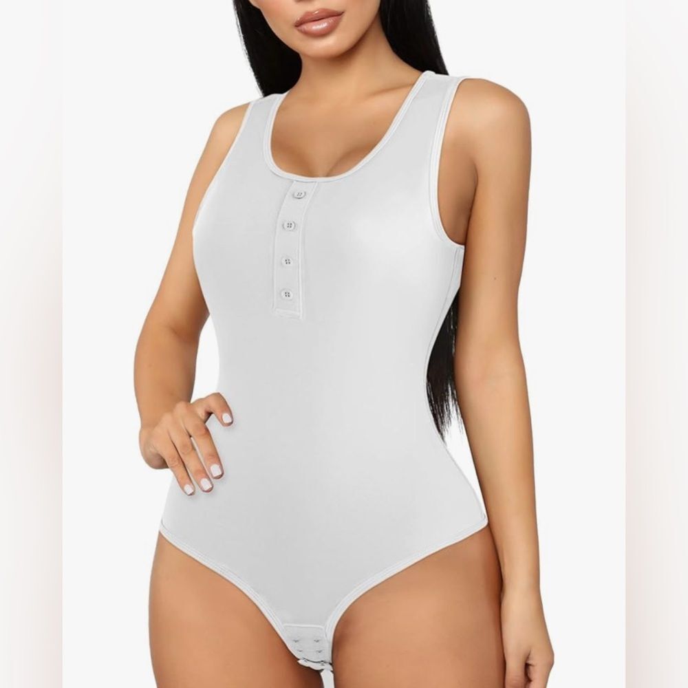Women’s Bodysuit-Scoop Neck,Button,Tank Top,Thong,TummyControl Shapewear-White-L